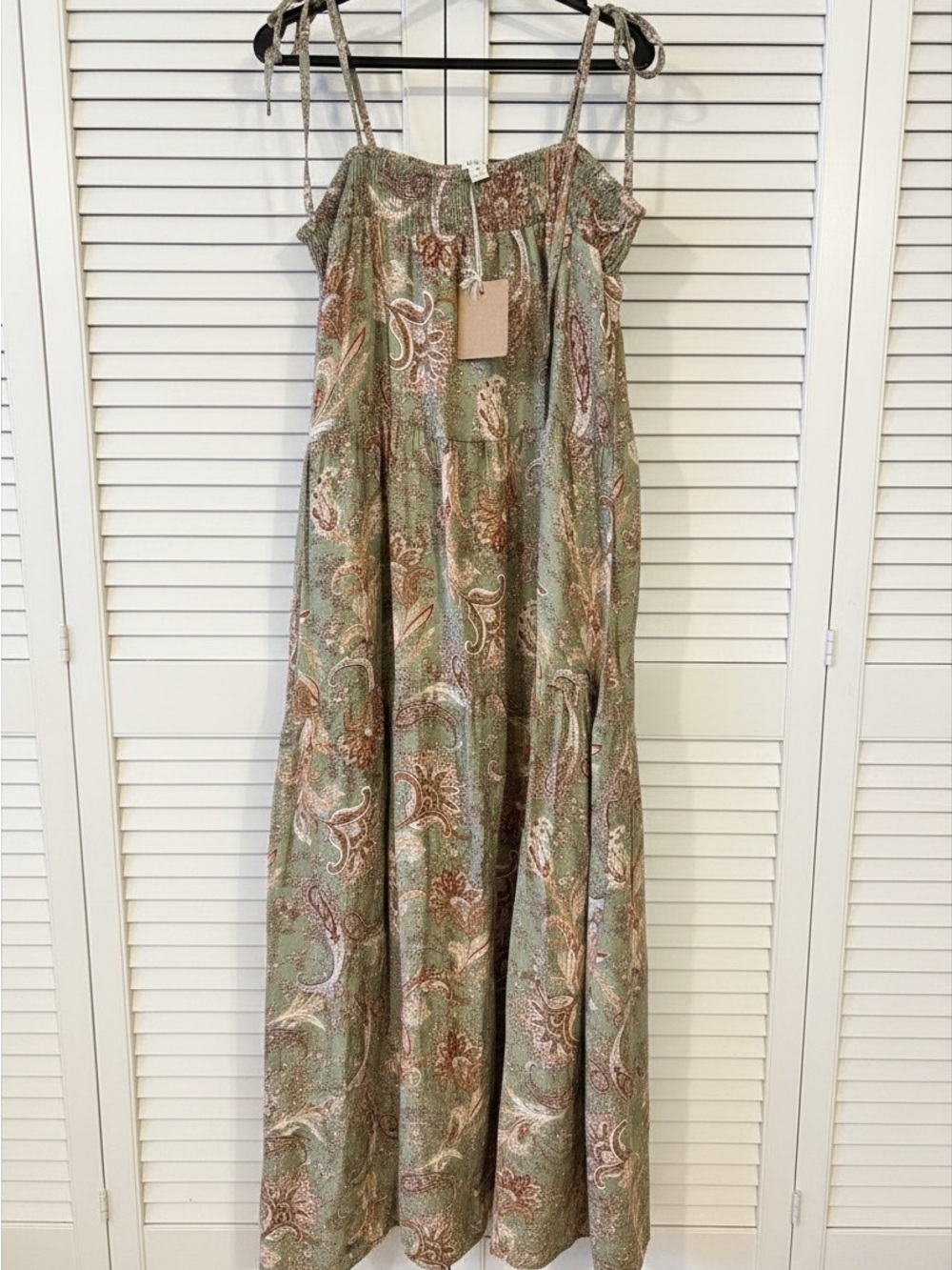 Blu Pepper bohemian Sage Green Paisley Tiered Maxi Dress with Tie Straps